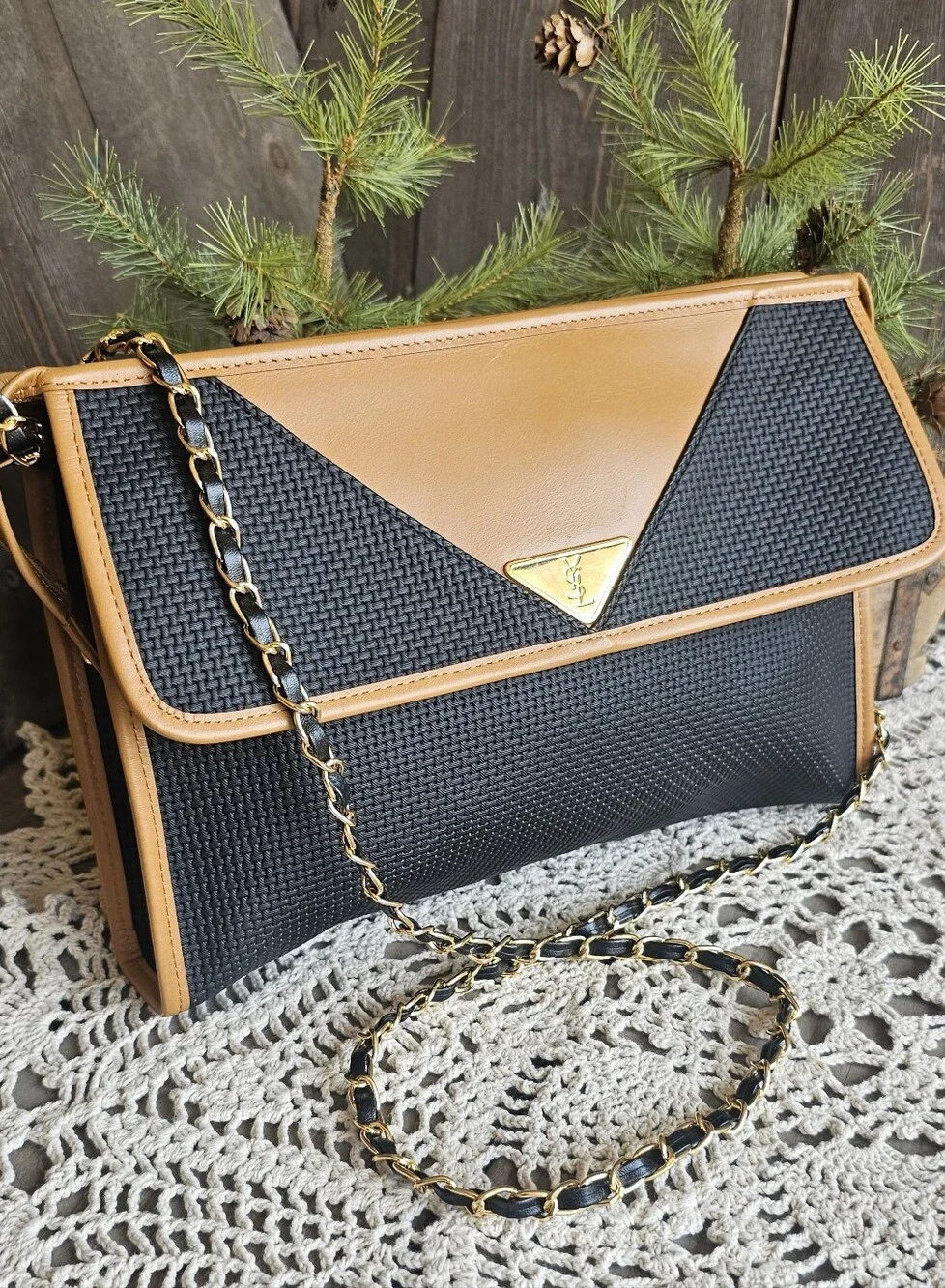 Yves Saint Laurent Black and Tan Woven Flap Clutch with Chain Strap